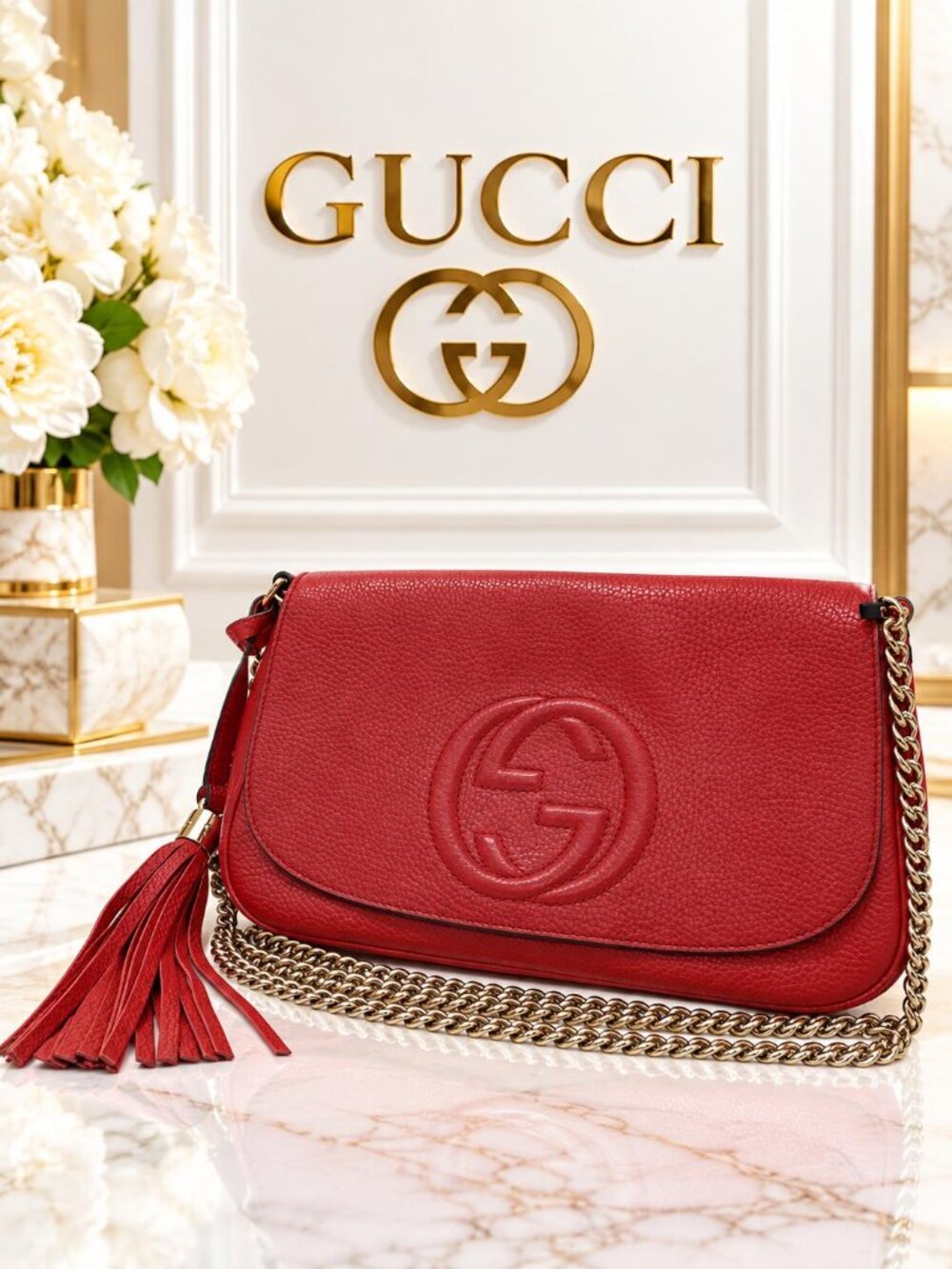 Authentic Gucci Soho Disco Red Leather Chain Crossbody Bag Tassel GG Logo
